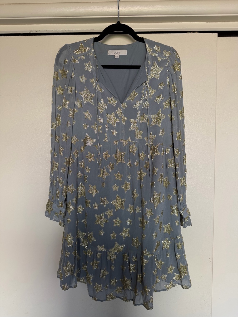 LOFT Blue Long Sleeve Star-Print Dress with Gold Stars